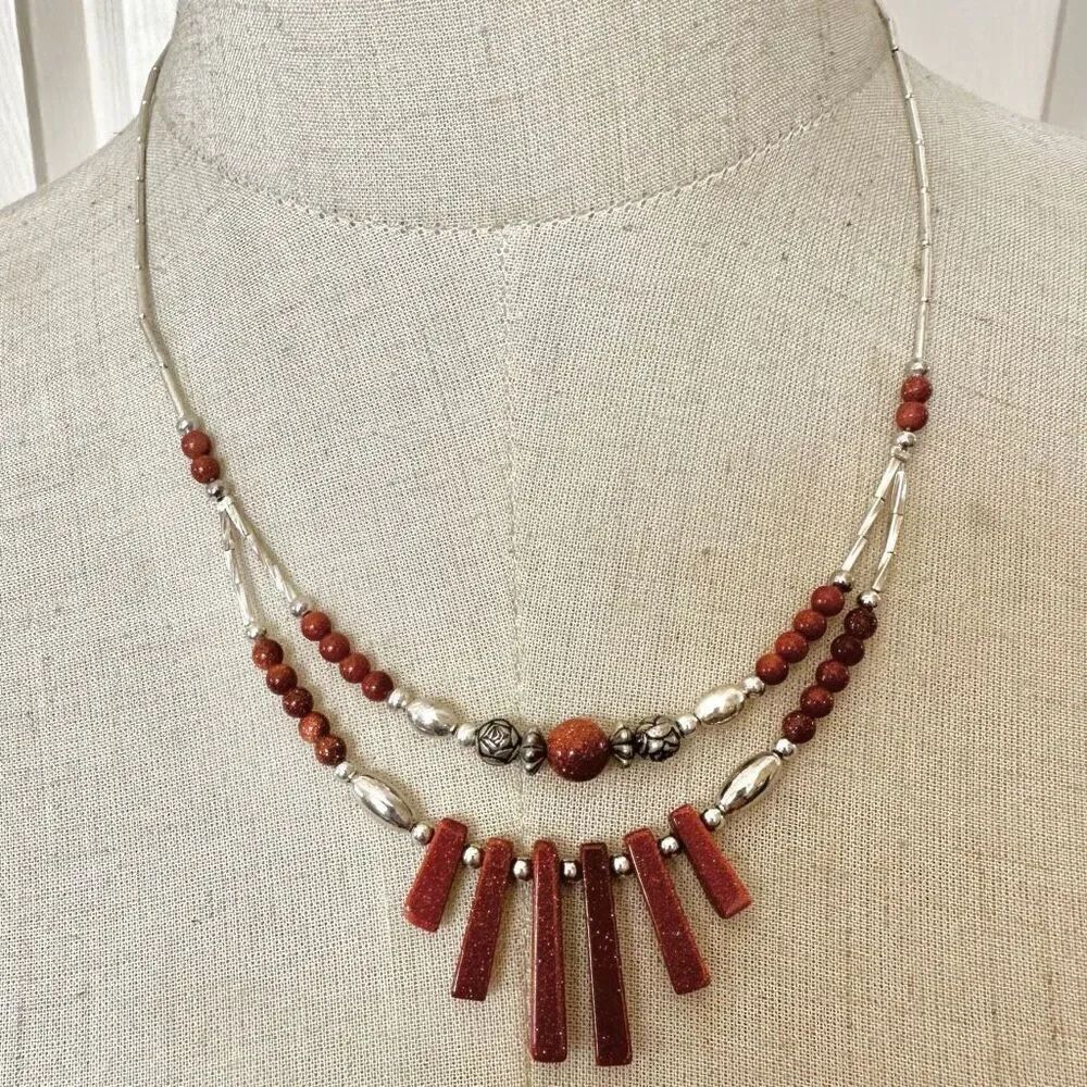 Silver tone goldstone double strand southwestern necklace
